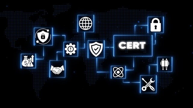 Computer Emergency Response Team C E R T cybersecurity and symbols on a futuristic blue-lit background with shields locks and gears