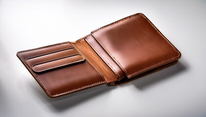 isolated brown leather bi fold wallet on a white background illuminated by soft studio lighting