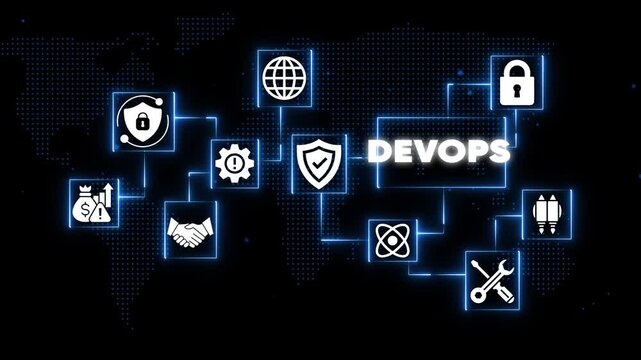 Dev Ops Concept with Security and Development on Black Background with Blue Accents DevOps technology