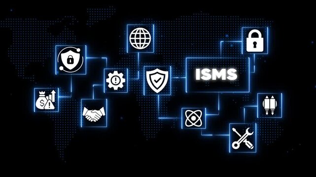Information Security Management System I S M S and Symbols in Blue Neon on Black Background ISMS cybersecurity