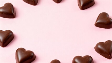 Fototapeta premium Heart Shaped Dark Chocolate Pralines Arranged In Circle On Pastel Pink Background