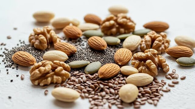 Close-up shot of various nuts and seeds, perfect for healthy snacking and cooking.