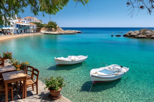 Tranquil bay in kokkari samos greece with traditional fishing boats