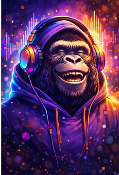 Kolorowa, fantastyczna ilustracja goryla w bluzie z kapturem i słuchawkach, kt&oacute;ry z radością słucha muzyki. Neonowe światła, świetliste fale dźwięku i magiczna atmosfera