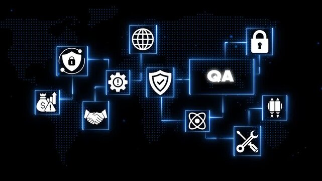 Assurance and security on a futuristic digital background with glowing blue lines and dots, representing technology and internet concepts