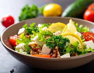 Salad with lettuce, feta, walnuts, tomatoes, and lemon wedges served in a brown bowl, against a dark background