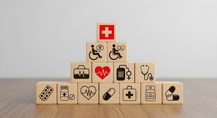 Medical symbols and healthcare icons displayed on wooden blocks