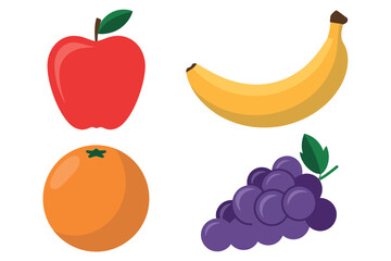 Colorful Cartoon Fruits Illustration with Apple, Banana, Orange, and Grapes