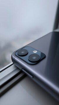 A close-up, detailed shot of the sophisticated dual-camera module on the back of a contemporary mobile communication device, resting on a sleek metallic surface. The sharp focus on the advanced optica