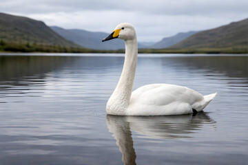 Fototapeta premium Ultra-realistic wildlife photo of a whooper swan swimming calmly on a quiet Icelandic lake, pure white plumage, soft reflections, overcast light, peaceful atmosphere, natural colors.
