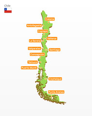 3d vector illustration graphic green color geographical map of Chile with largest cities shown