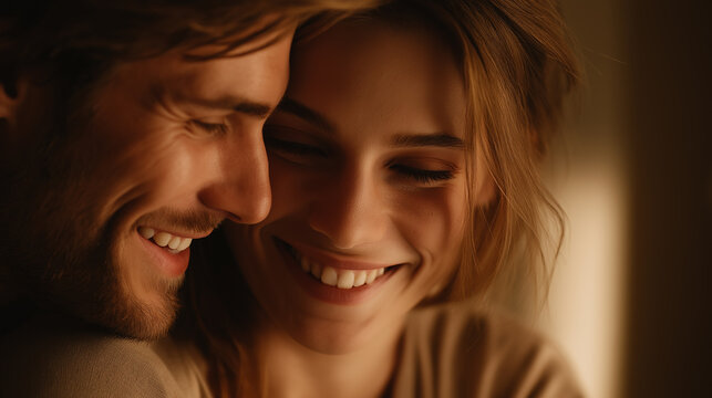 Close-up portrait of a happy young couple sharing a warm, intimate moment indoors. Soft light, natural smiles, emotional connection, cozy atmosphere, authentic lifestyle scene.