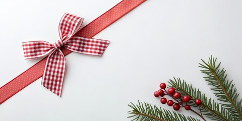 Red And White Christmas Ribbon Bow With Fir Branch And Berries On White Background, Festive Holiday Flat Lay With Copy Space For Gift Wrapping, Greeting Cards, Banners, Seasonal Marketing And Winter