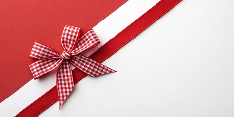 Red And White Christmas Ribbon Bow On White Background, Festive Holiday Decoration With Copy Space For Gift Wrapping, Greeting Cards, Banners, Seasonal Marketing, Winter Sales And New Year Design.
