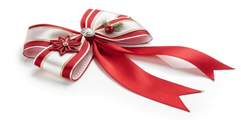 Red And White Christmas Ribbon Bow Isolated On White Background, Festive Holiday Decoration For New Year And Christmas, Gift Wrapping Design, Seasonal Banner, Marketing And Retail Use