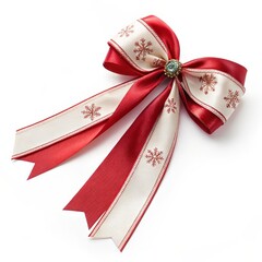 Red And White Christmas Ribbon Bow Isolated On White Background, Festive Holiday Decoration For New Year And Christmas, Gift Wrapping Design, Seasonal Banner, Marketing And Retail Use