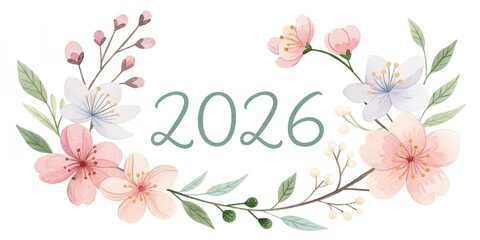 2026 Typography With Spring Flowers On White Background, Watercolor Floral Illustration, Seasonal Design For Easter, New Year, Greeting Cards, Banners, Posters, Calendars, Marketing And Holiday Promo