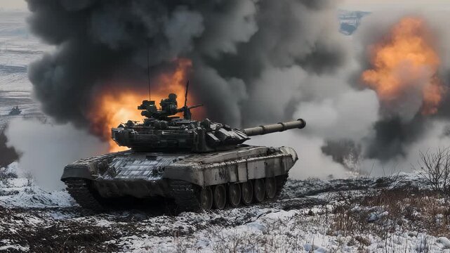 Modern Main Battle Tank on Snowy Terrain, Military Exercise, Winter Warfare, Heavy Armor, Vehicle Operation.