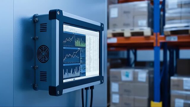 A close-up view of a mounted industrial computer screen displaying data in a warehouse setting.