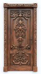 Intricately carved wooden door featuring ornate floral designs and rich textures, showcasing exquisite craftsmanship and timeless elegance.
