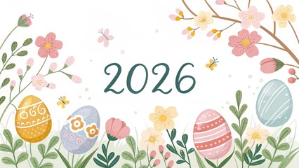 2026 Number With Decorative Easter Eggs And Spring Flowers On White Background, Seasonal Holiday Illustration, Easter Celebration Concept, Greeting Card Design, Banner, Poster, Social Media, Marketing