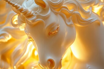 Close-up of a magnificent white horse statue glowing in soft, golden light.