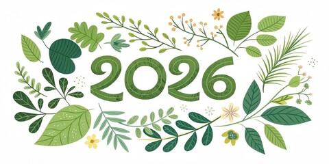 2026 Made Of Green Leaves And Spring Plants On White Background, Nature New Year Concept, Eco Design For Calendar, Banner, Poster, Branding, Sustainability, Growth And Fresh Start Theme