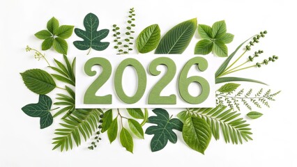 2026 Made Of Green Leaves And Spring Plants On White Background, Nature New Year Concept, Eco Design For Calendar, Banner, Poster, Branding, Sustainability, Growth And Fresh Start Theme