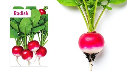 vibrant fresh radish and seed packet design for garden catalogs, online seed shops, agricultural blogs, stationery decor, presentations on healthy plants, and gardening hobbies, with copy space