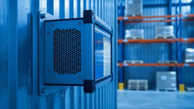 Close-up view of a blue industrial device mounted on a metal wall inside a warehouse.