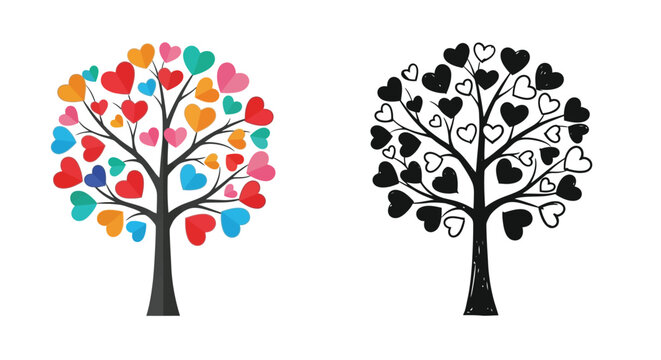 Colorful and monochrome heart shaped trees a delightful decorative illustration