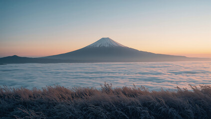 夜明けの雲海に浮かぶ富士山を俯瞰構図で静かに切り取る