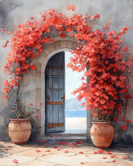 Sunny Mediterranean courtyard, bright bougainvillea, blue door, terracotta pots.