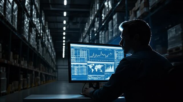 A person analyzes data on a computer screen in a warehouse, monitoring inventory and logistics.