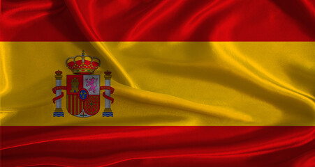 Obraz premium Spain flag with cloth textured background. National flag of Spain with realistic texture