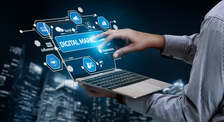 A modern hand interacts with a digital marketing interface on a laptop, set against a night city skyline, representing innovation and technology in business strategies. Tessel