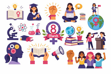International Women&rsquo;s Day women empowerment through knowledge icon set