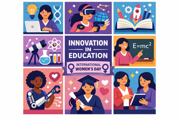 International Women&rsquo;s Day women innovation in education icon set