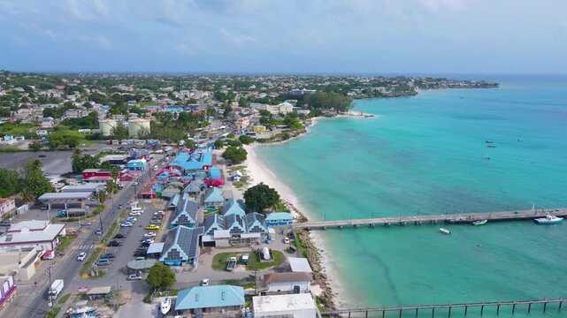 Fish Market and Fish Market Beach on Main Road in historic city center of Oistins, Christ Church Parish, Barbados.