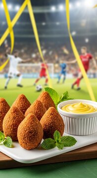 Golden crispy coxinhas, creamy mustard dip, fresh mint sprigs on a white plate. Blurred soccer stadium with players and yellow streamers. 'Mini Kibes' served with a yellow mustard dip and green mint 