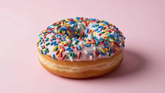 A delicious donut with white frosting and colorful sprinkles on a pink background.