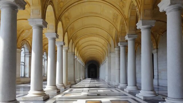Grand Hallway with Marble Floor and Corinthian Columns: Elegant Architecture and Natural Light Interior Perspective