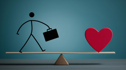 Fototapeta premium Stick figure balancing briefcase and heart on seesaw, representing essential balance between professional duties and personal happiness, work-life harmony concept, equilibrium