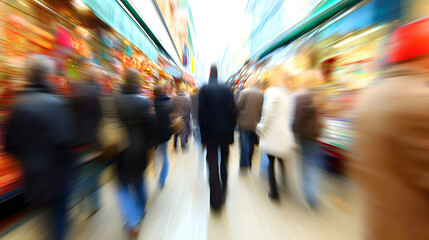 People walk through a busy market filled with colorful stalls and bright lights on a blurred day in a city