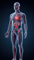 Human vascular system full body with heart highlight, medical 3D illustration