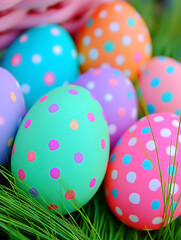 Colorful eggs are arranged on green grass during an Easter celebration