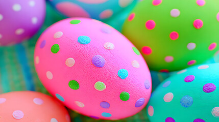 Colorful Easter eggs decorated with dots arranged on a blue mat during Easter celebrations in spring season