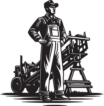Black and white of a printer operator with a printing press