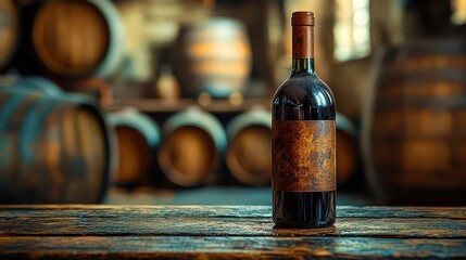 Bottle of wine on a wooden table on the background of barrels