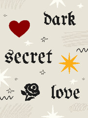 A Artistic Illustration with Dark and Secret Love Themes Represented Through Heart, Rose, and Stars in a Stylish Background